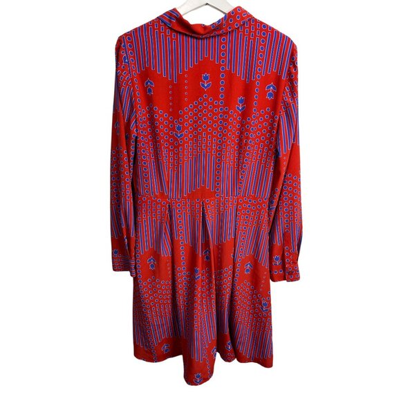 ModCloth Dress Womens 10 Fit and Flare Long Sleeve Pleated Red Blue Print Fall - Picture 8 of 16